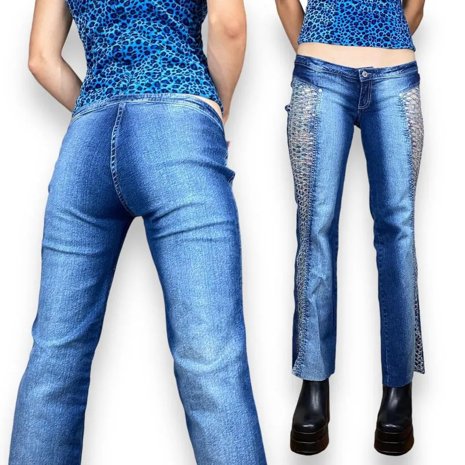 2000s Fishnet Cutout Flare Jeans (XS)