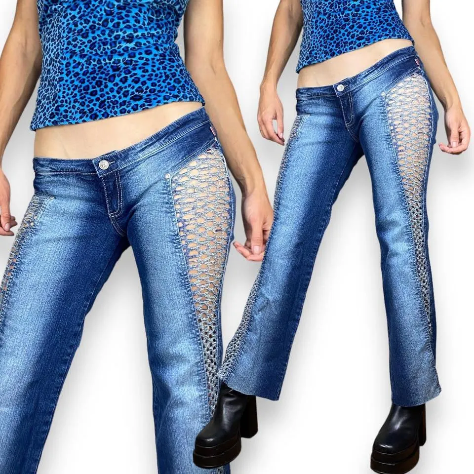 2000s Fishnet Cutout Flare Jeans (XS)
