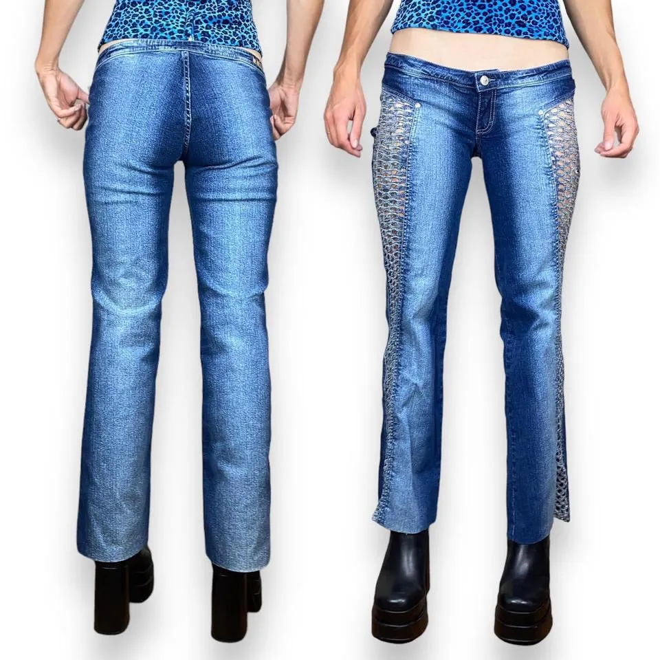 2000s Fishnet Cutout Flare Jeans (XS)