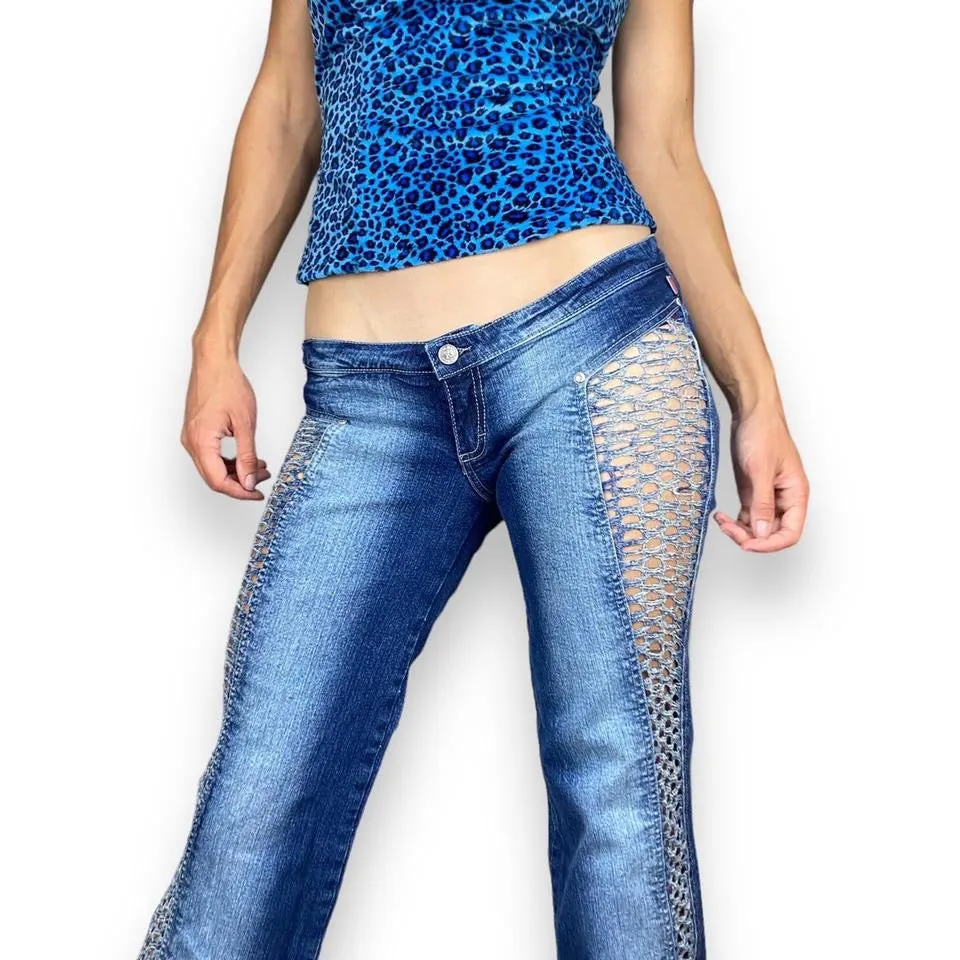 2000s Fishnet Cutout Flare Jeans (XS)