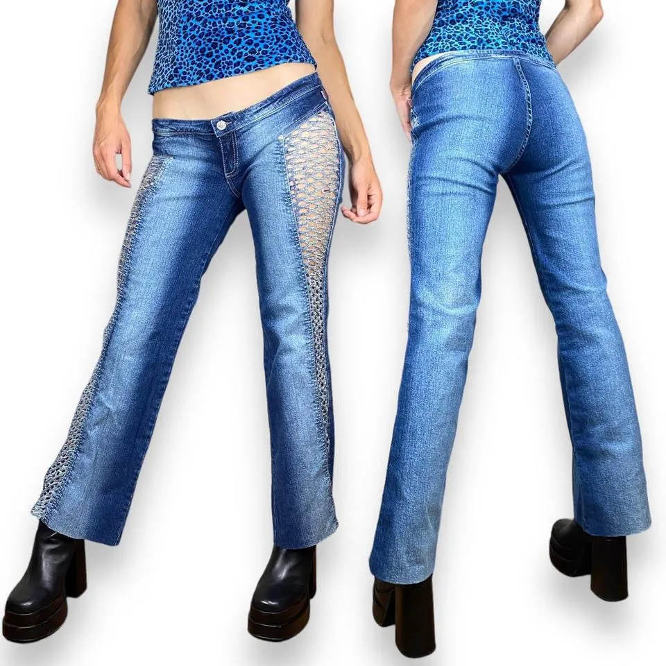 2000s Fishnet Cutout Flare Jeans (XS)