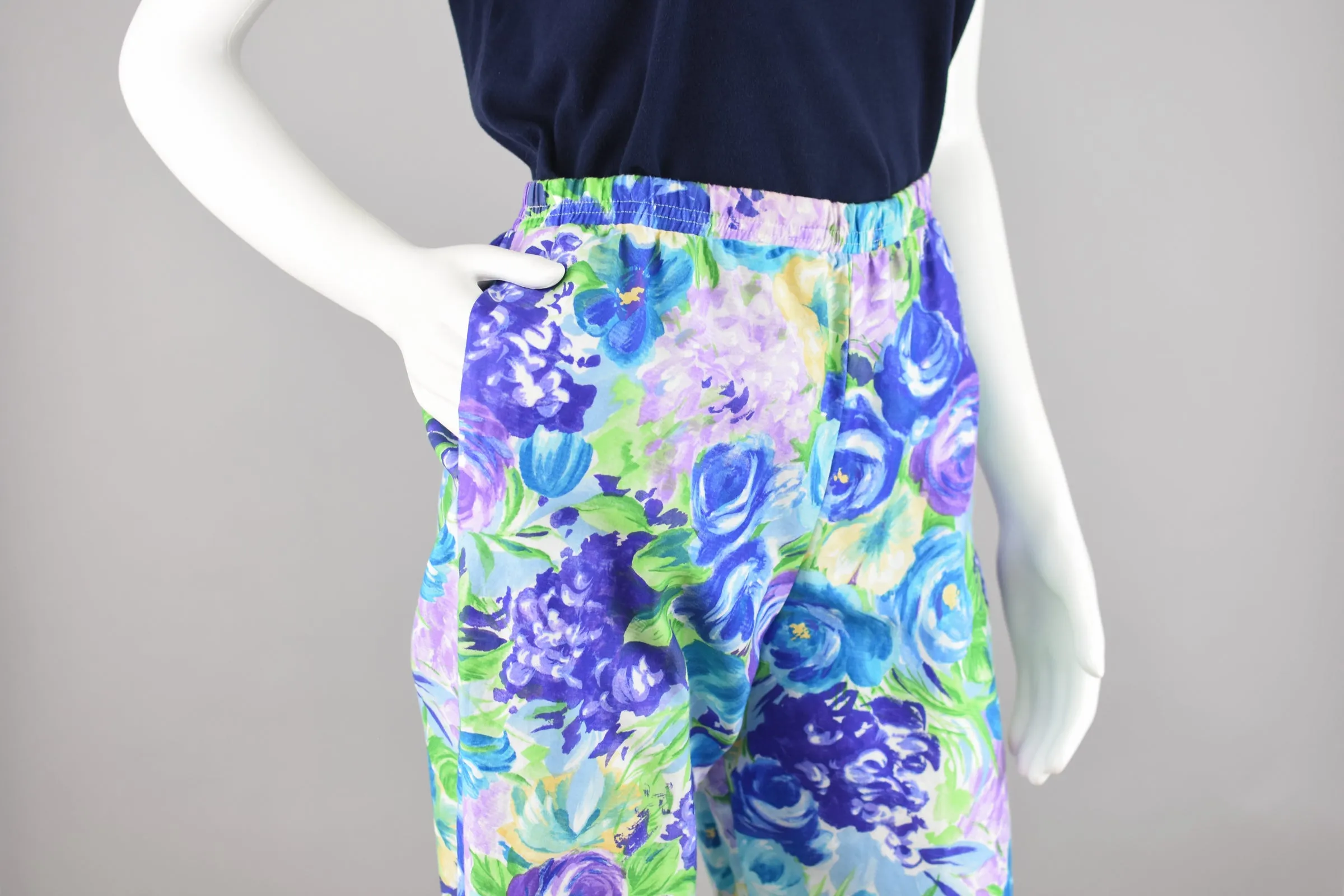 90s Purple & Blue Floral Easy Pants, Women's Size 12 Petite, 28 - 30" Waist