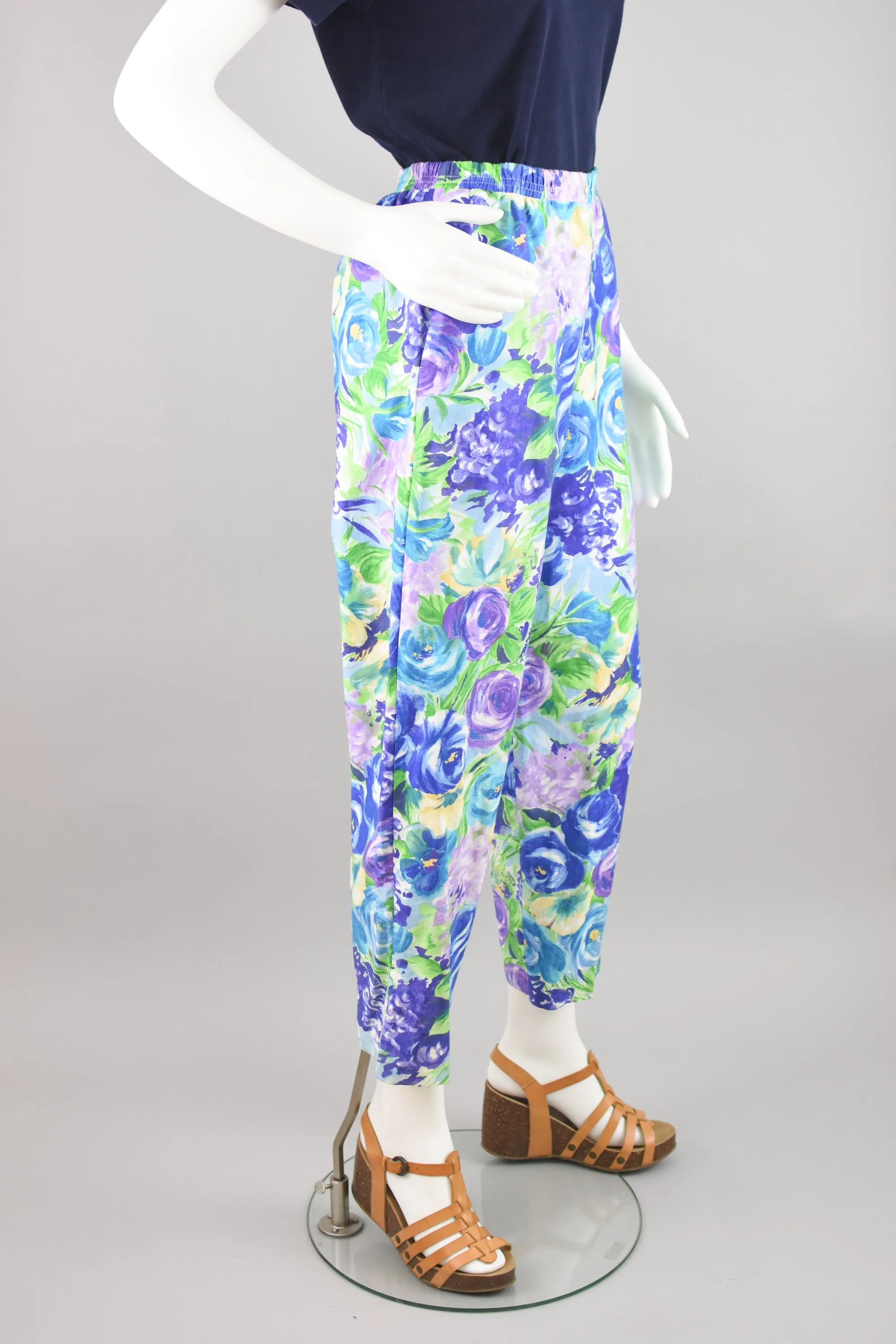 90s Purple & Blue Floral Easy Pants, Women's Size 12 Petite, 28 - 30" Waist