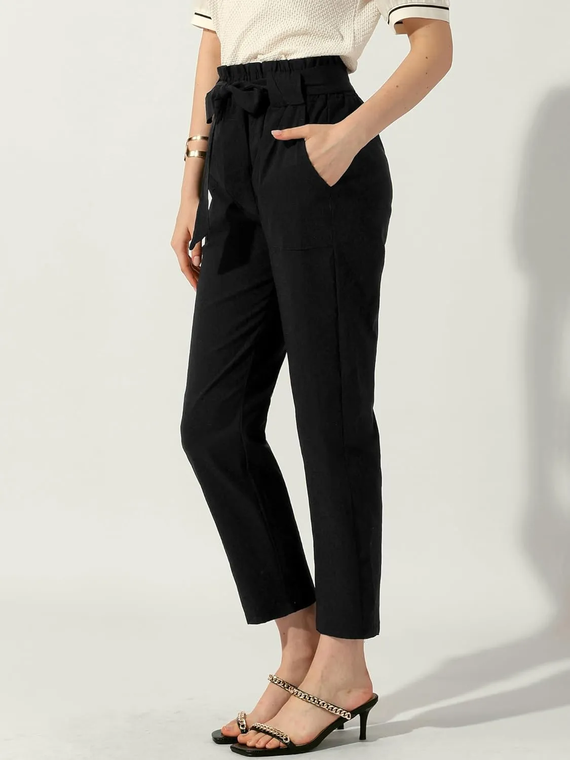 Allegra K Women's Paper Bag Pants High Waist with Pockets Tie Casual Office Cropped Trousers
