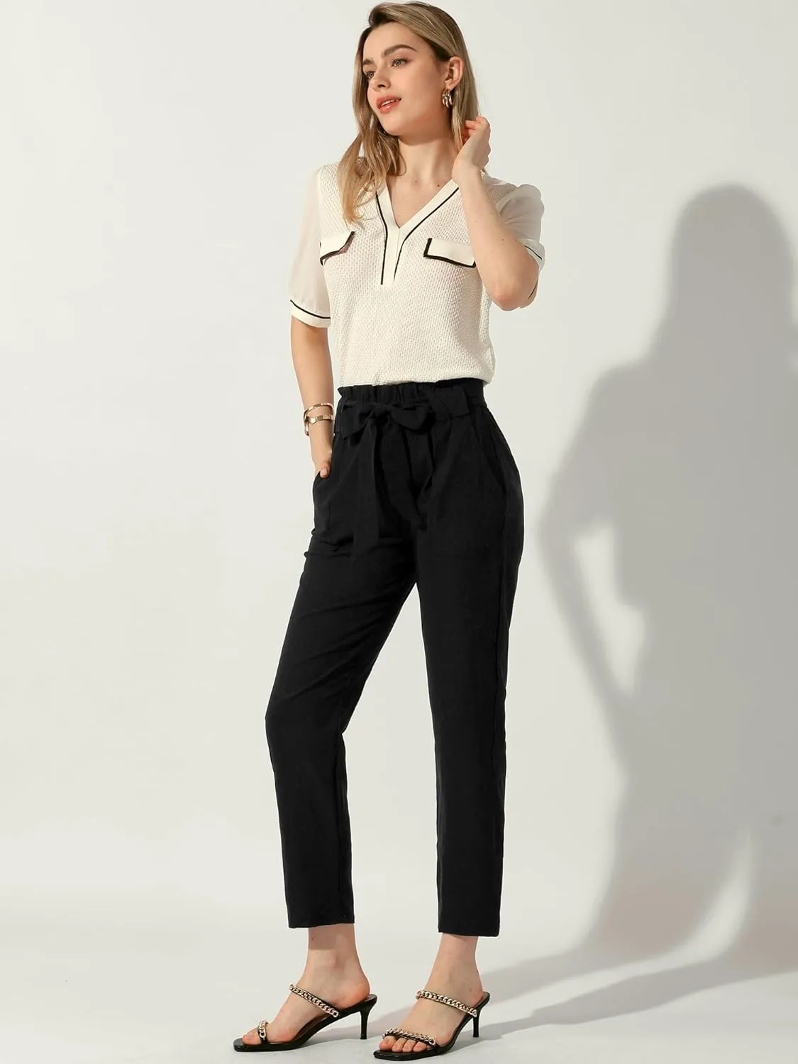 Allegra K Women's Paper Bag Pants High Waist with Pockets Tie Casual Office Cropped Trousers
