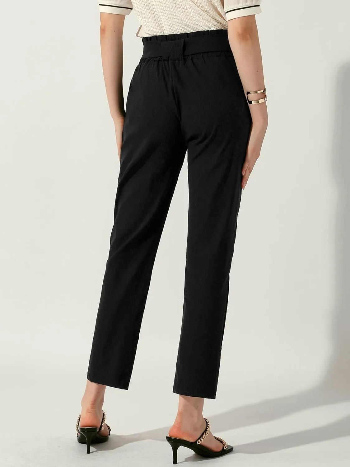 Allegra K Women's Paper Bag Pants High Waist with Pockets Tie Casual Office Cropped Trousers