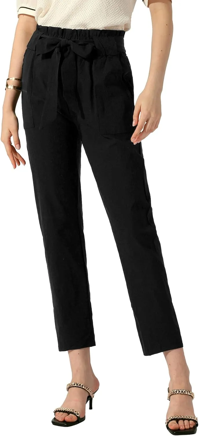 Allegra K Women's Paper Bag Pants High Waist with Pockets Tie Casual Office Cropped Trousers