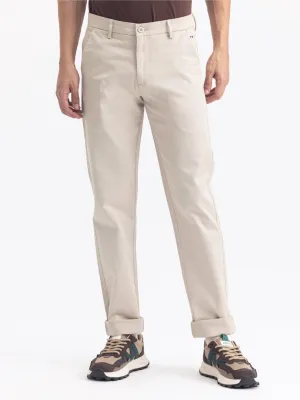 Beige Plain Cotton Stretch Trousers