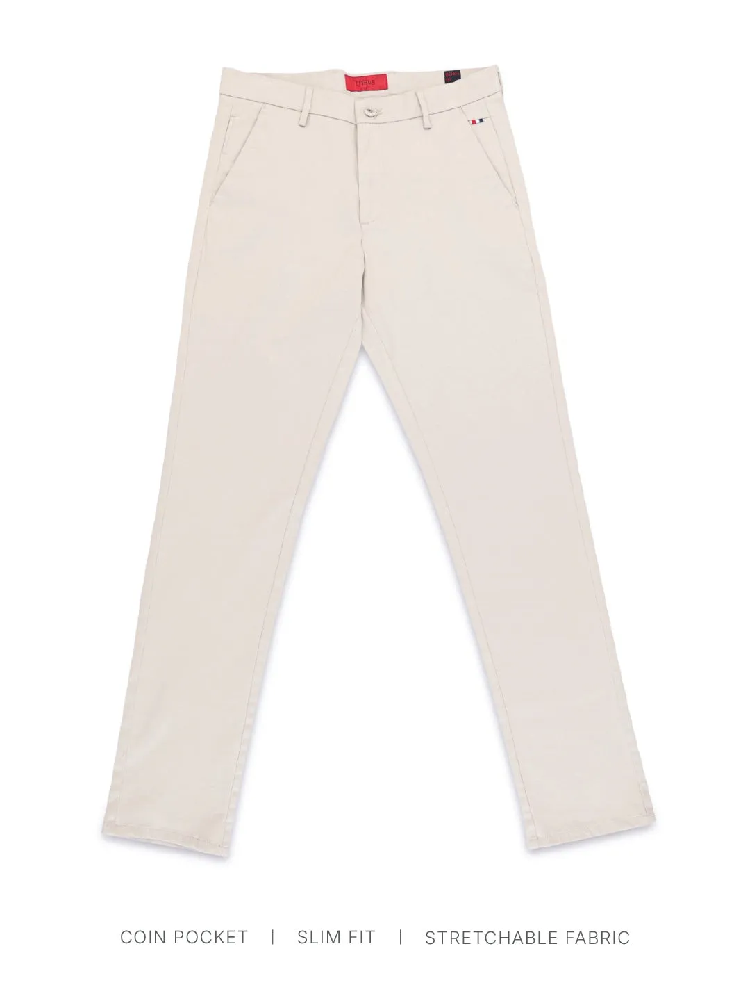 Beige Plain Cotton Stretch Trousers
