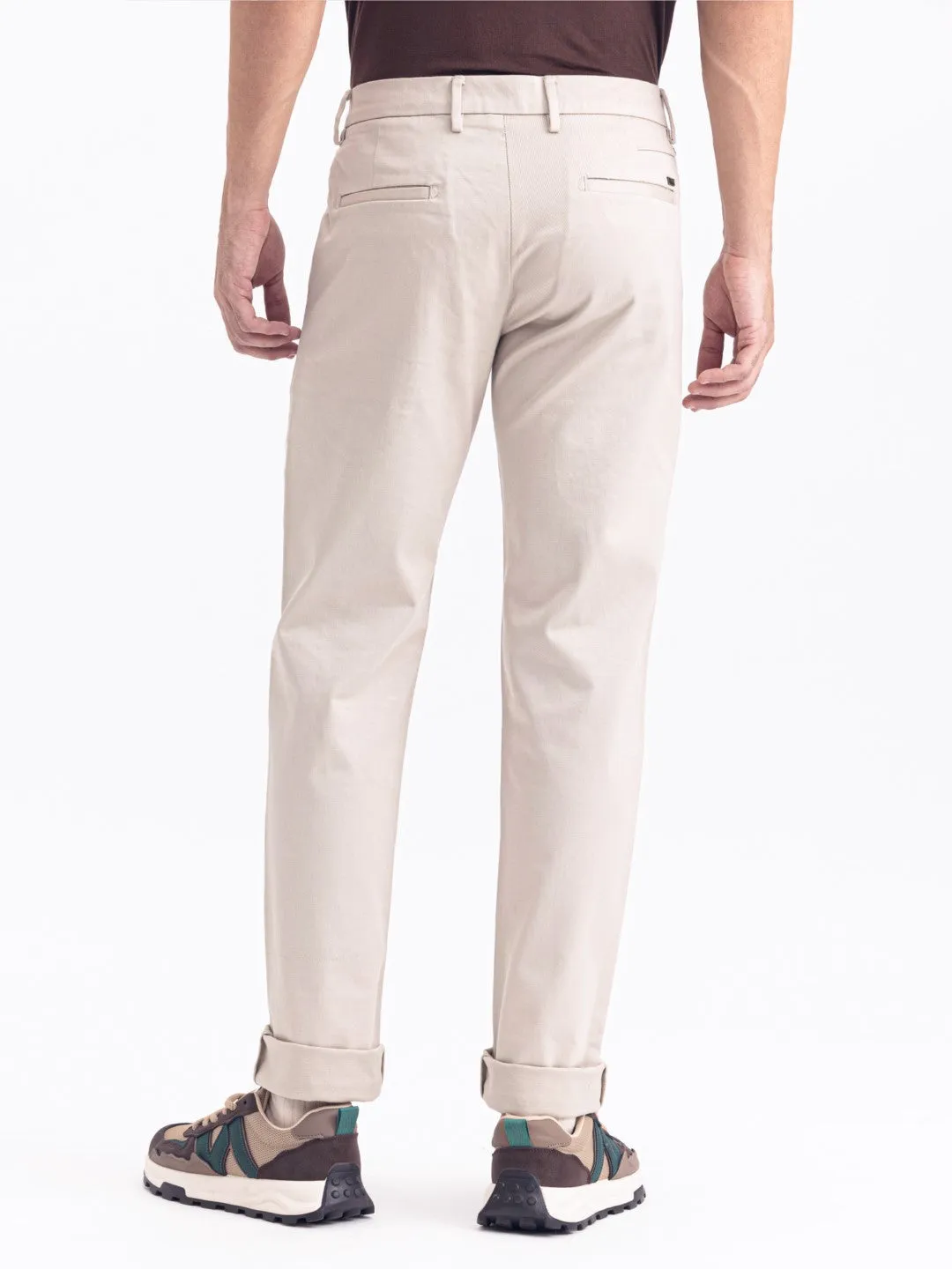 Beige Plain Cotton Stretch Trousers