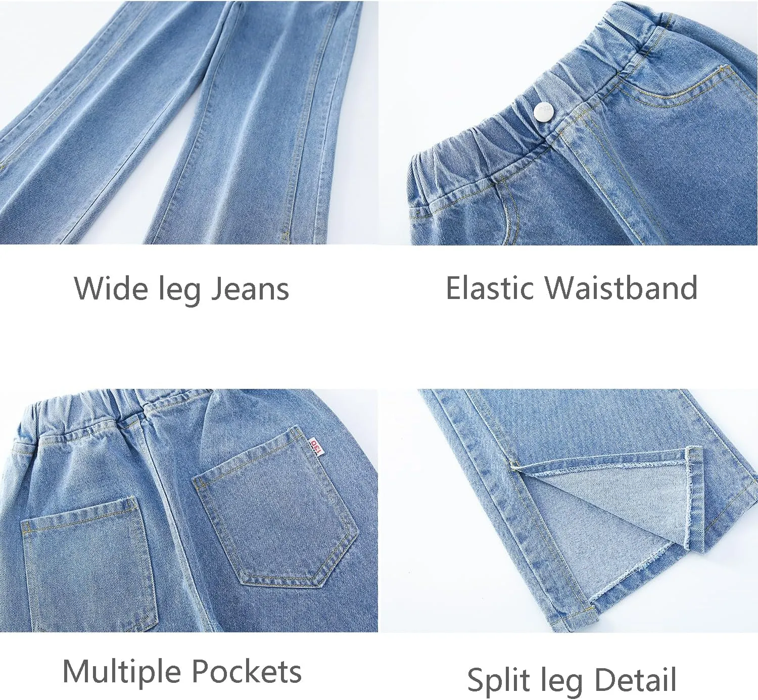 Big Girls Baggy Jeans Casual Patchwork Denim Jeans Elastic Wasit Wide Leg Ripped Pants Bell Bottoms for 4-14 Years