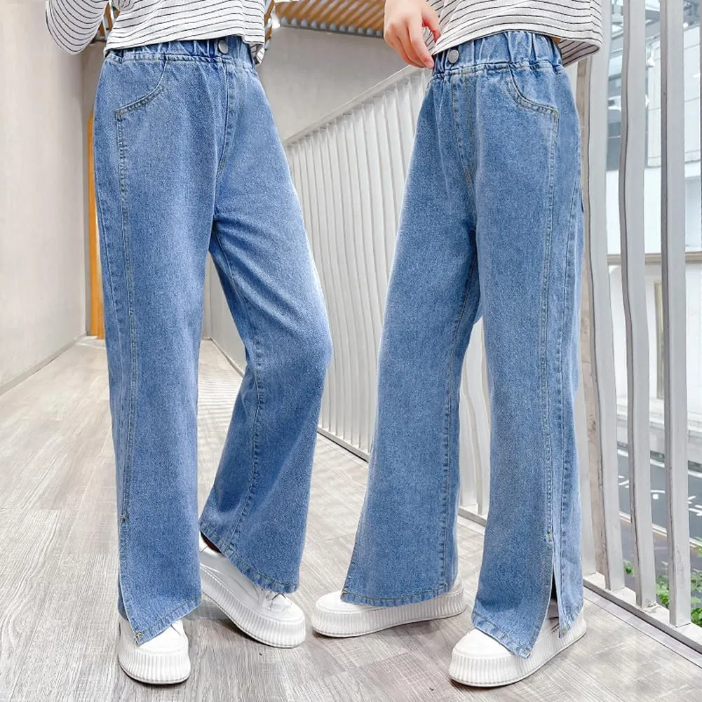 Big Girls Baggy Jeans Casual Patchwork Denim Jeans Elastic Wasit Wide Leg Ripped Pants Bell Bottoms for 4-14 Years