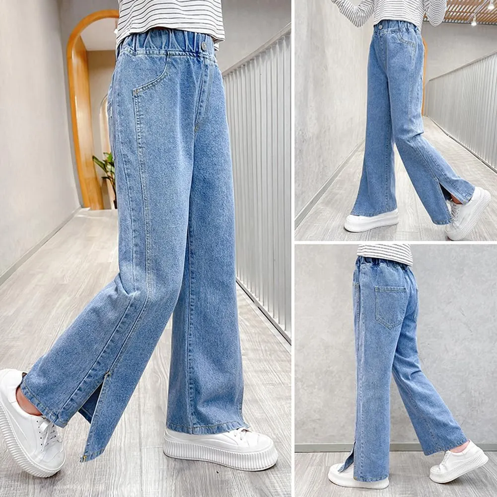 Big Girls Baggy Jeans Casual Patchwork Denim Jeans Elastic Wasit Wide Leg Ripped Pants Bell Bottoms for 4-14 Years