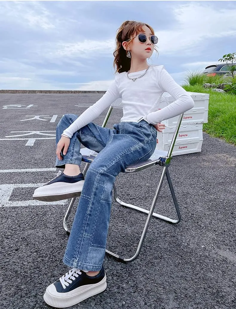 Big Girls Baggy Jeans Casual Patchwork Denim Jeans Elastic Wasit Wide Leg Ripped Pants Bell Bottoms for 4-14 Years