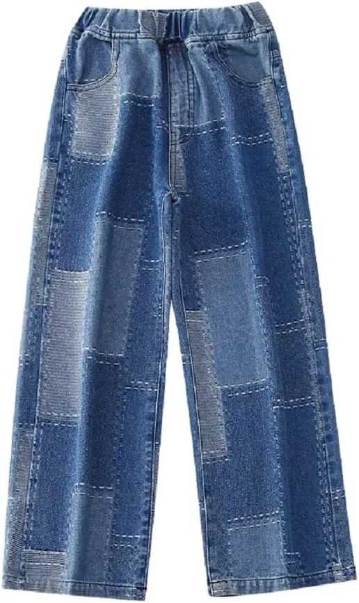 Big Girls Baggy Jeans Casual Patchwork Denim Jeans Elastic Wasit Wide Leg Ripped Pants Bell Bottoms for 4-14 Years