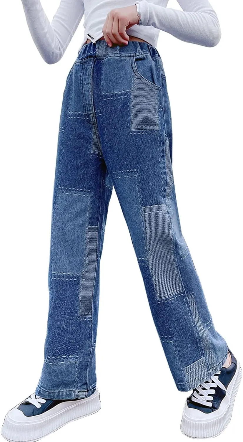 Big Girls Baggy Jeans Casual Patchwork Denim Jeans Elastic Wasit Wide Leg Ripped Pants Bell Bottoms for 4-14 Years