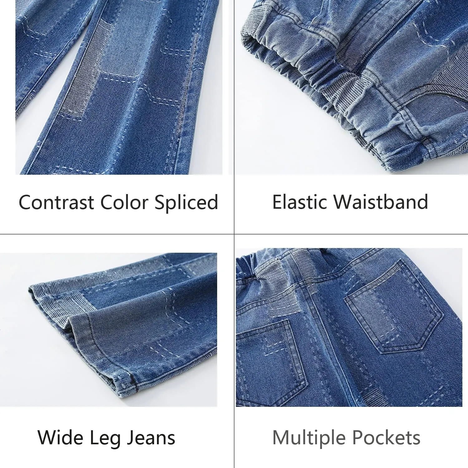Big Girls Baggy Jeans Casual Patchwork Denim Jeans Elastic Wasit Wide Leg Ripped Pants Bell Bottoms for 4-14 Years