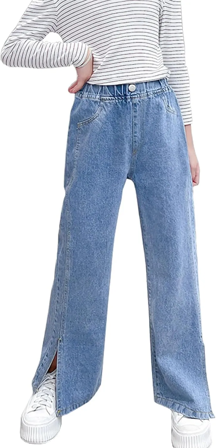 Big Girls Baggy Jeans Casual Patchwork Denim Jeans Elastic Wasit Wide Leg Ripped Pants Bell Bottoms for 4-14 Years