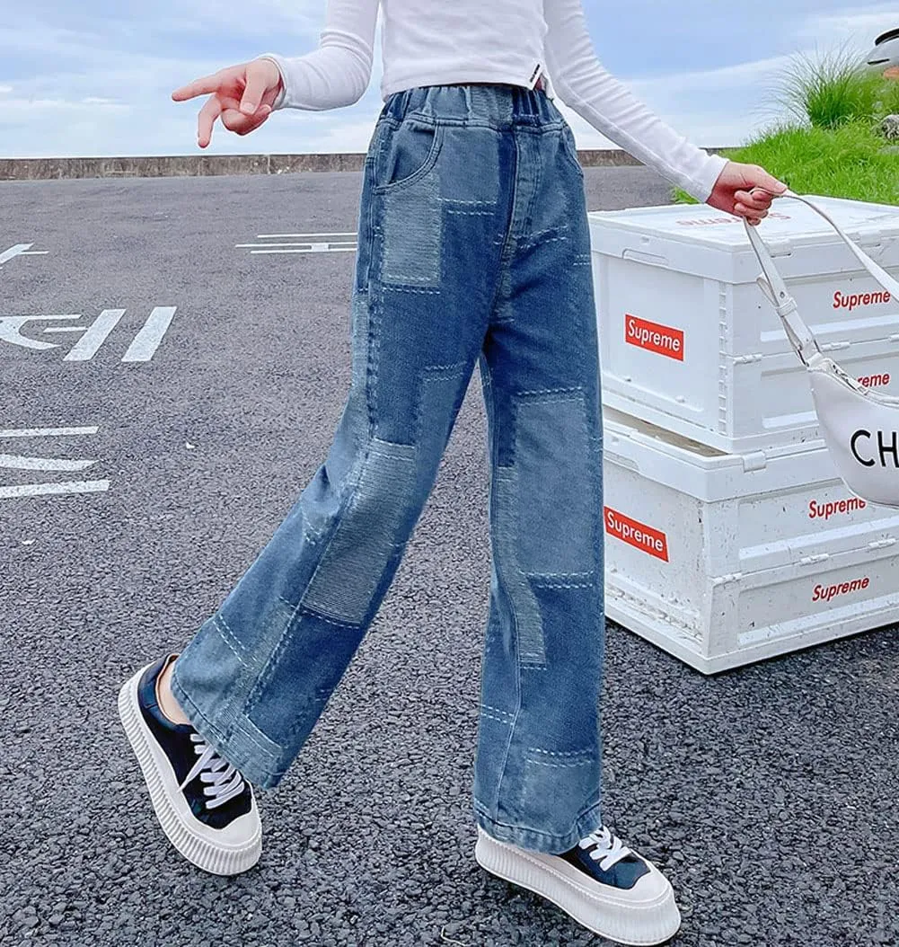 Big Girls Baggy Jeans Casual Patchwork Denim Jeans Elastic Wasit Wide Leg Ripped Pants Bell Bottoms for 4-14 Years