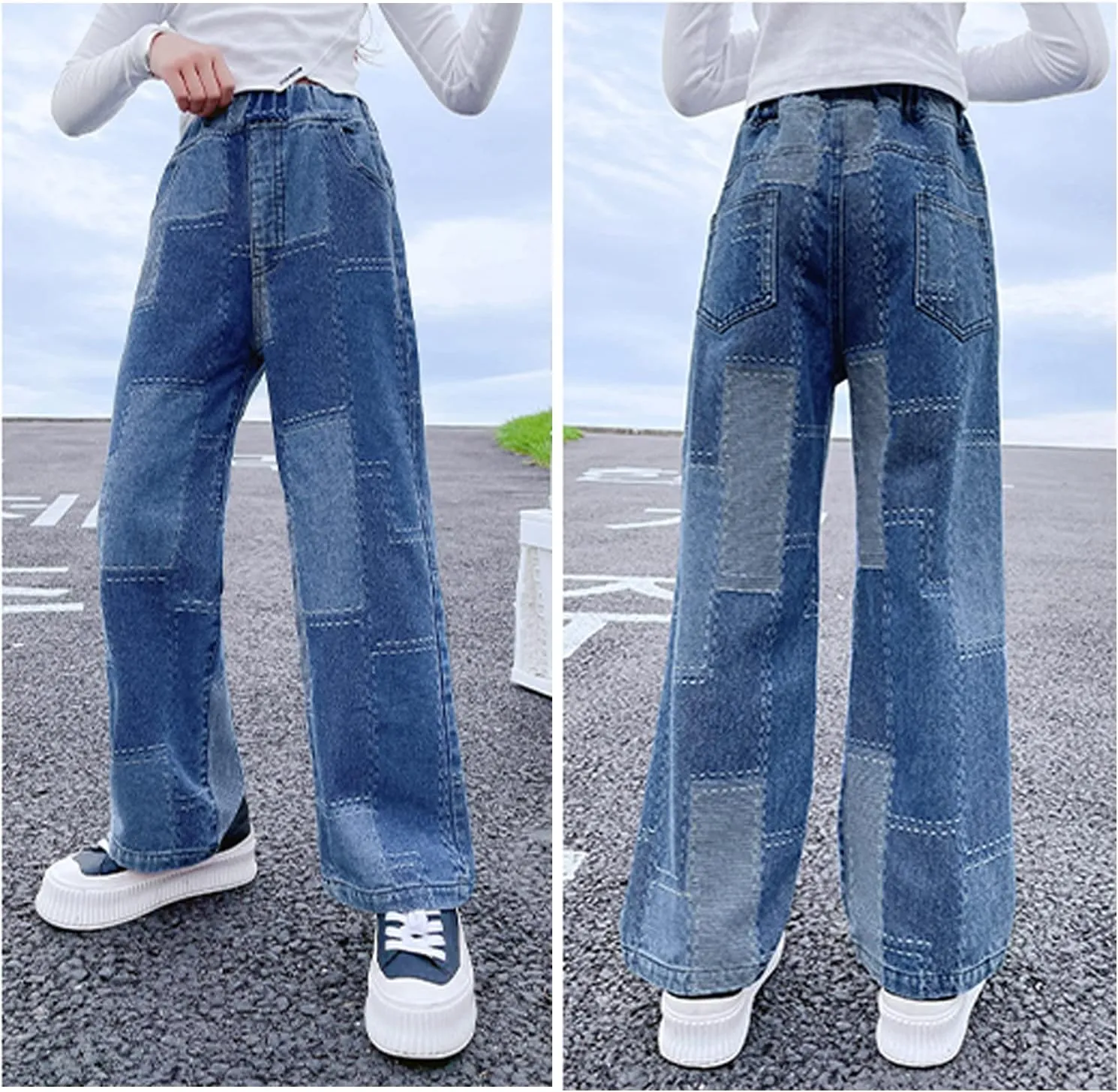 Big Girls Baggy Jeans Casual Patchwork Denim Jeans Elastic Wasit Wide Leg Ripped Pants Bell Bottoms for 4-14 Years