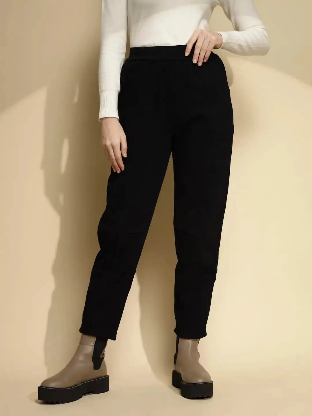 Black Solid Cotton High Rise Ankle Length Trouser