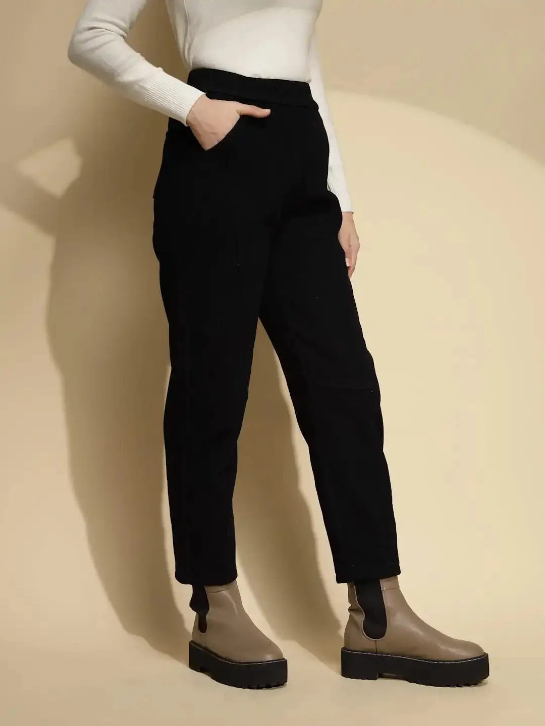 Black Solid Cotton High Rise Ankle Length Trouser