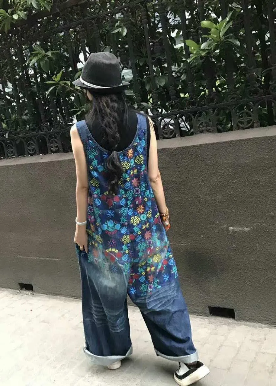 Boutique Print Blue Jeans Overall Jumpsuit