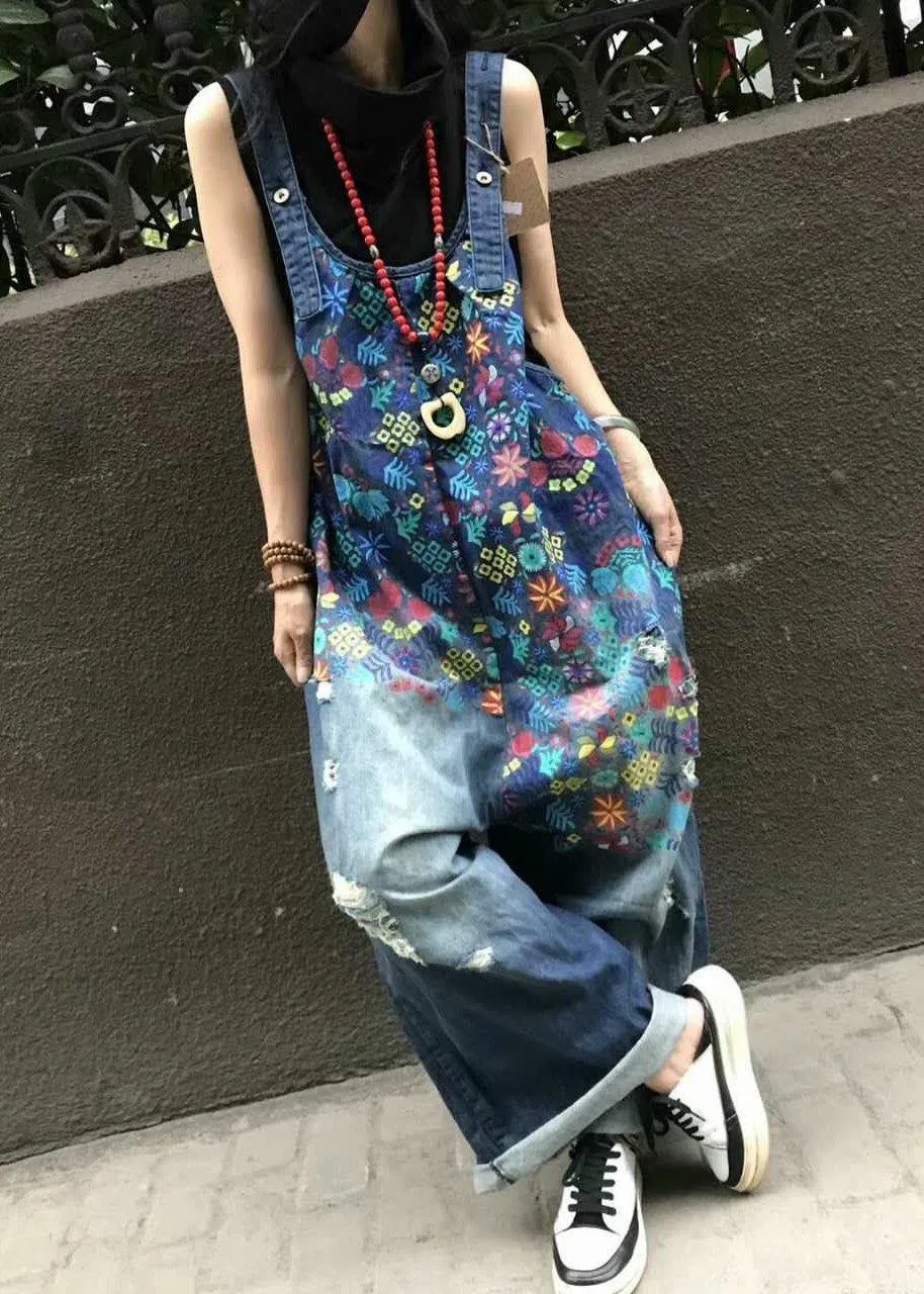 Boutique Print Blue Jeans Overall Jumpsuit