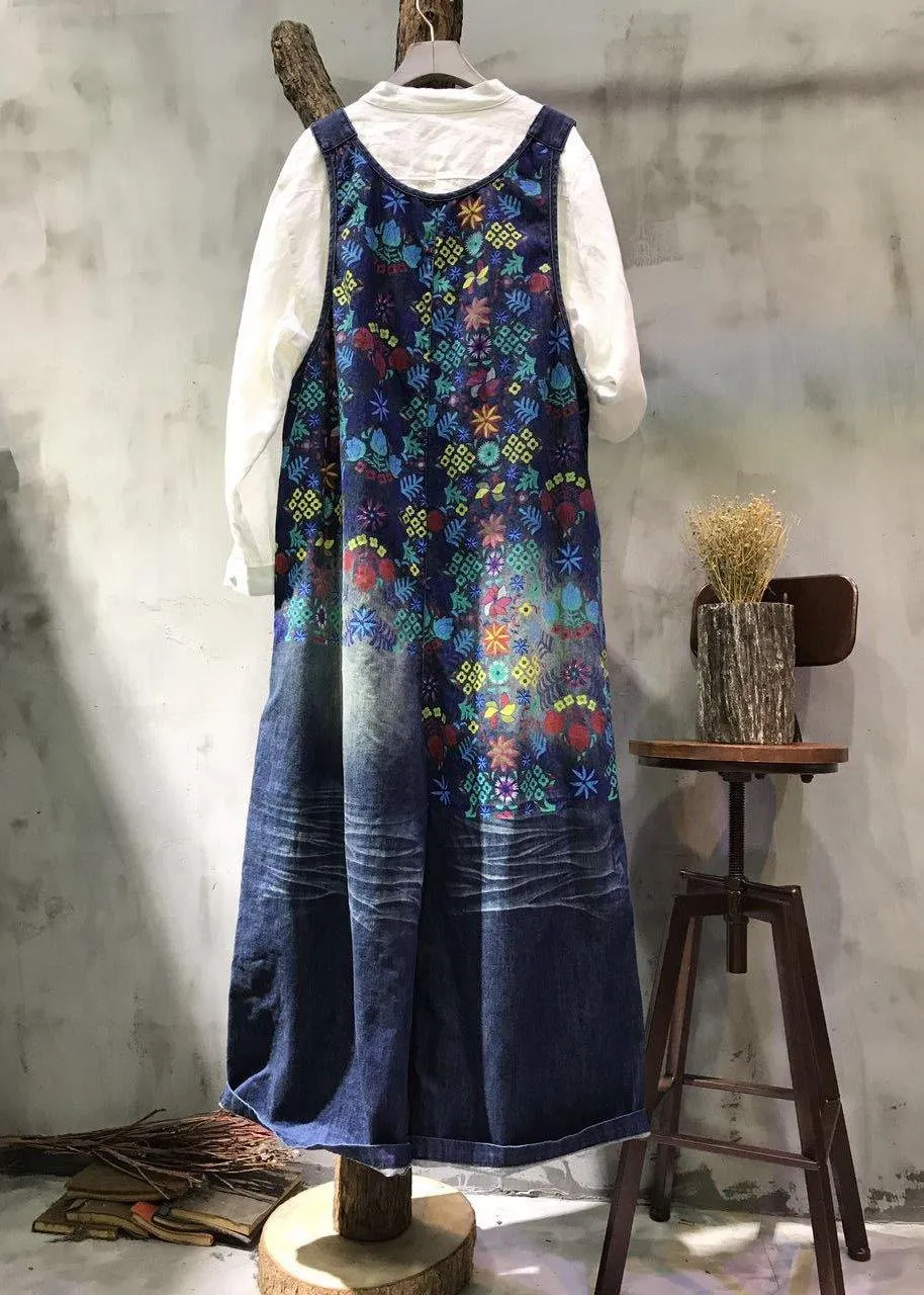 Boutique Print Blue Jeans Overall Jumpsuit