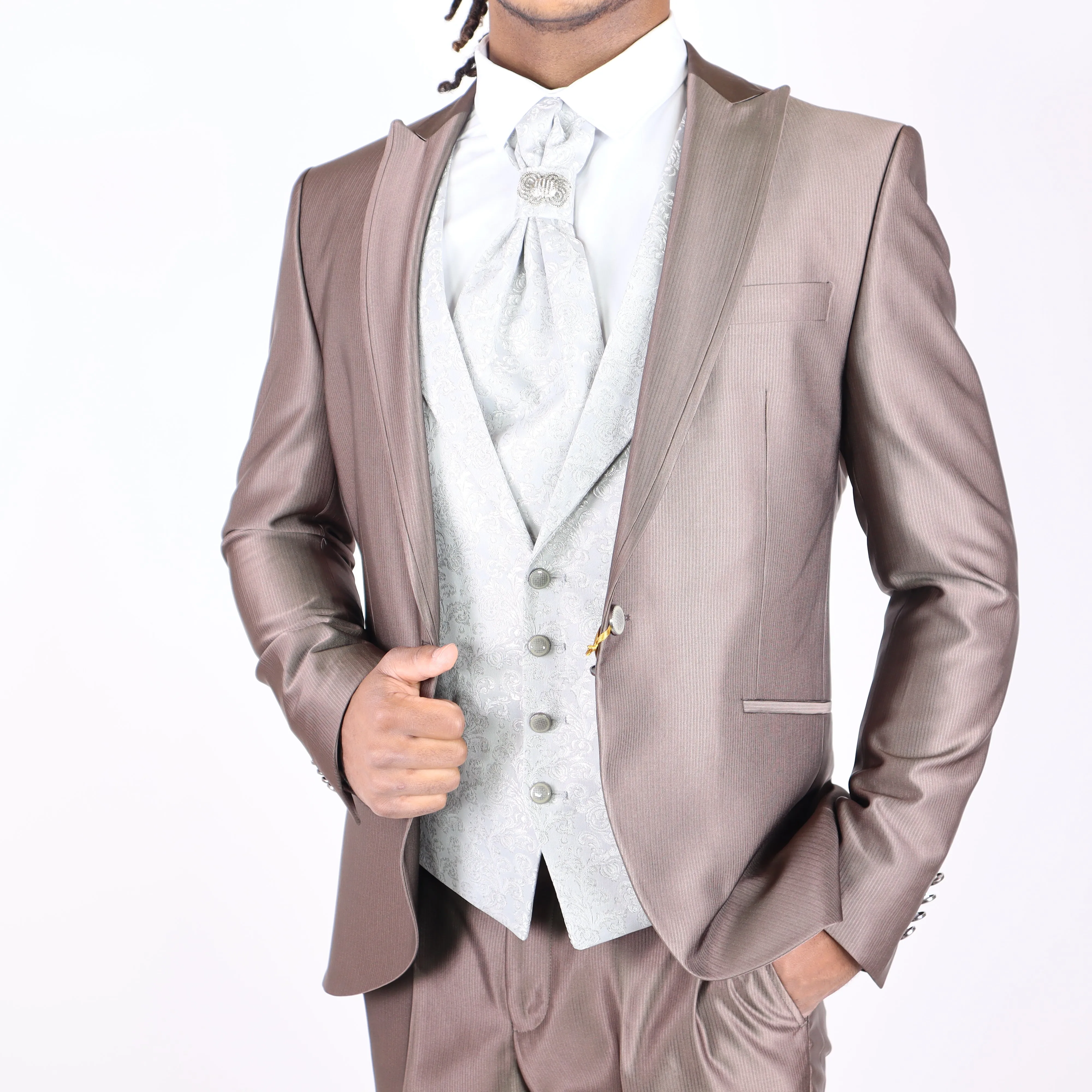 Bronze Avanti Milano Stripped Jacket Patterned Vest Three Piece Tuxedo