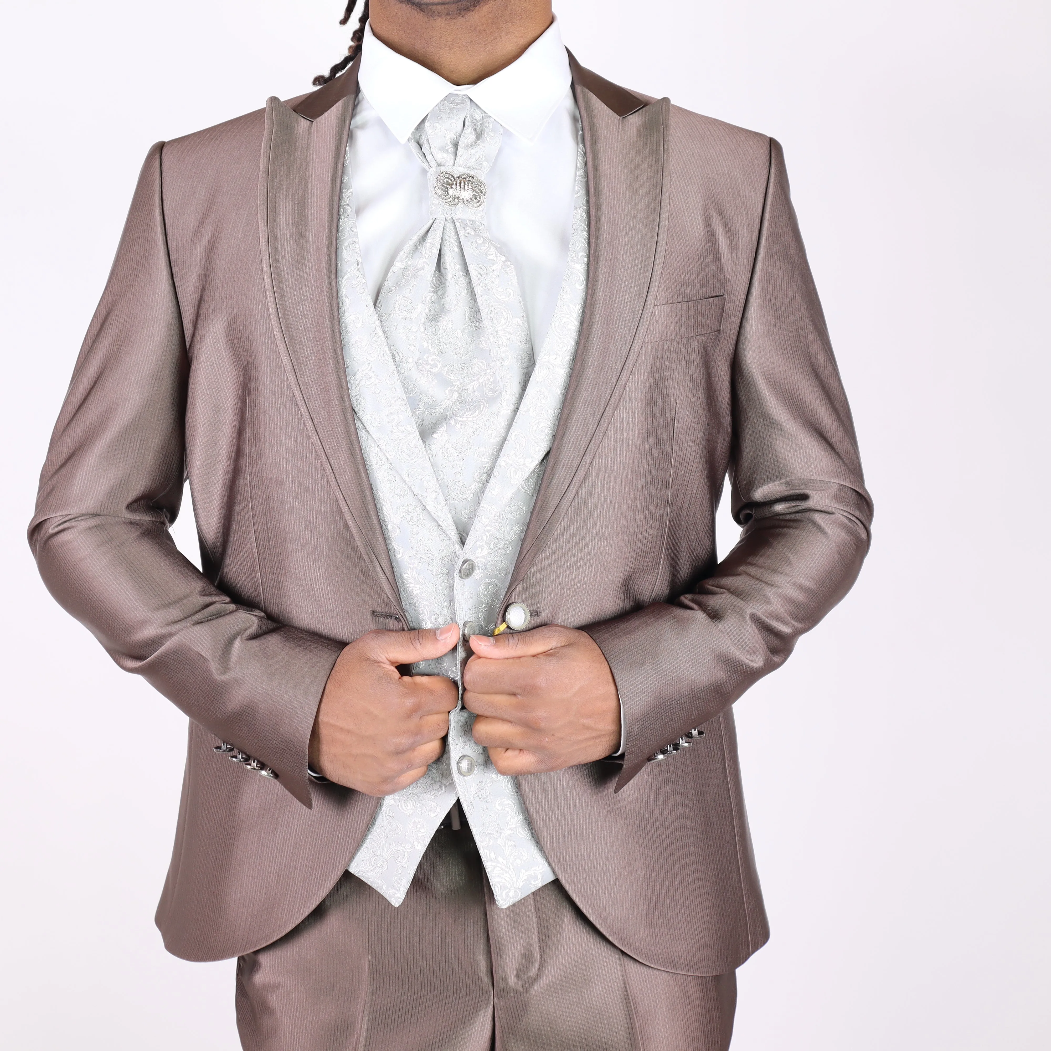 Bronze Avanti Milano Stripped Jacket Patterned Vest Three Piece Tuxedo