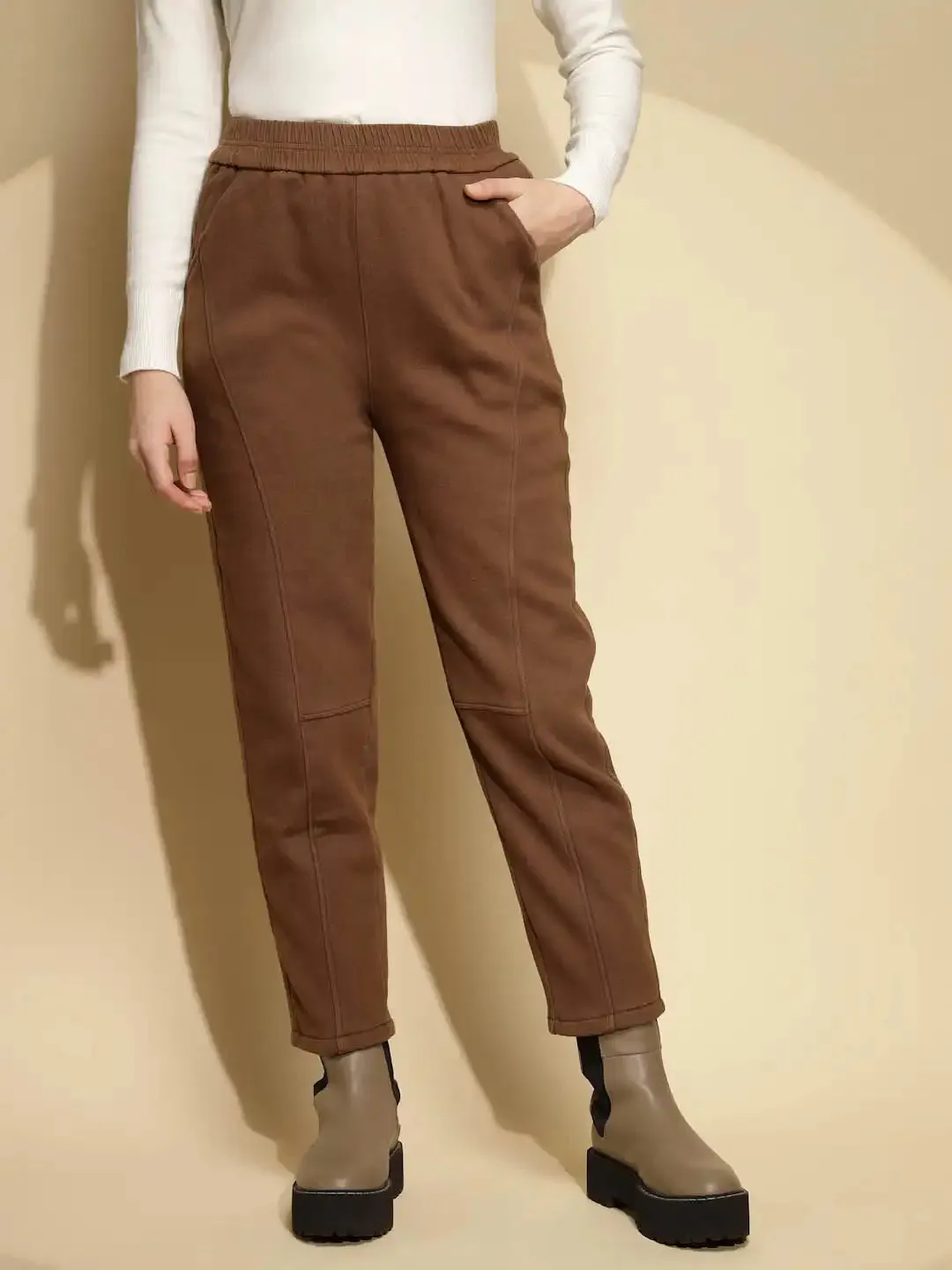 Brown Solid Cotton High Rise Ankle Length Trouser