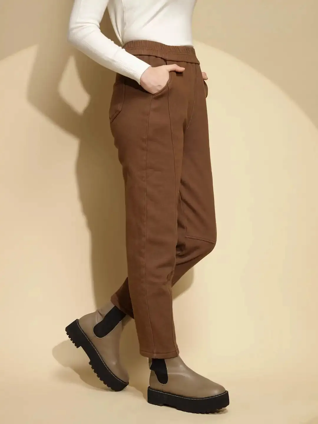 Brown Solid Cotton High Rise Ankle Length Trouser