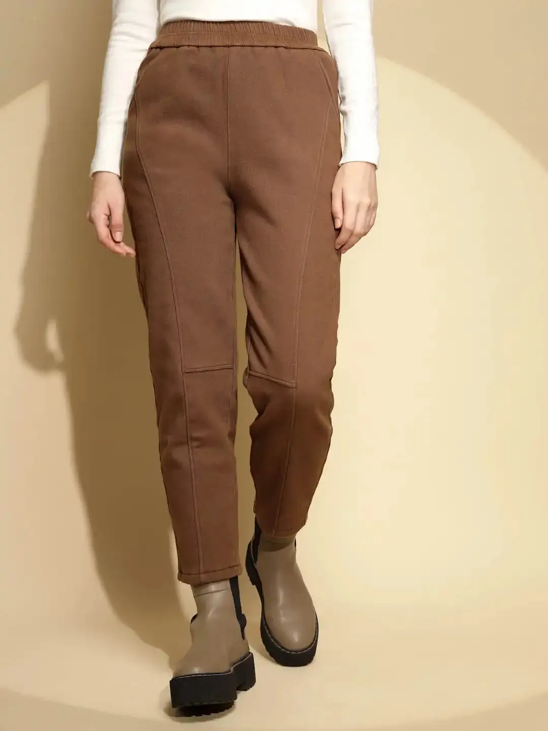 Brown Solid Cotton High Rise Ankle Length Trouser