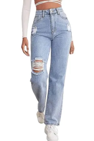 Cotton Relaxed Fit Ripped Wide Leg Jeans
