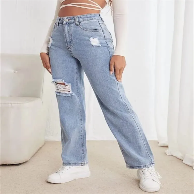 Cotton Relaxed Fit Ripped Wide Leg Jeans