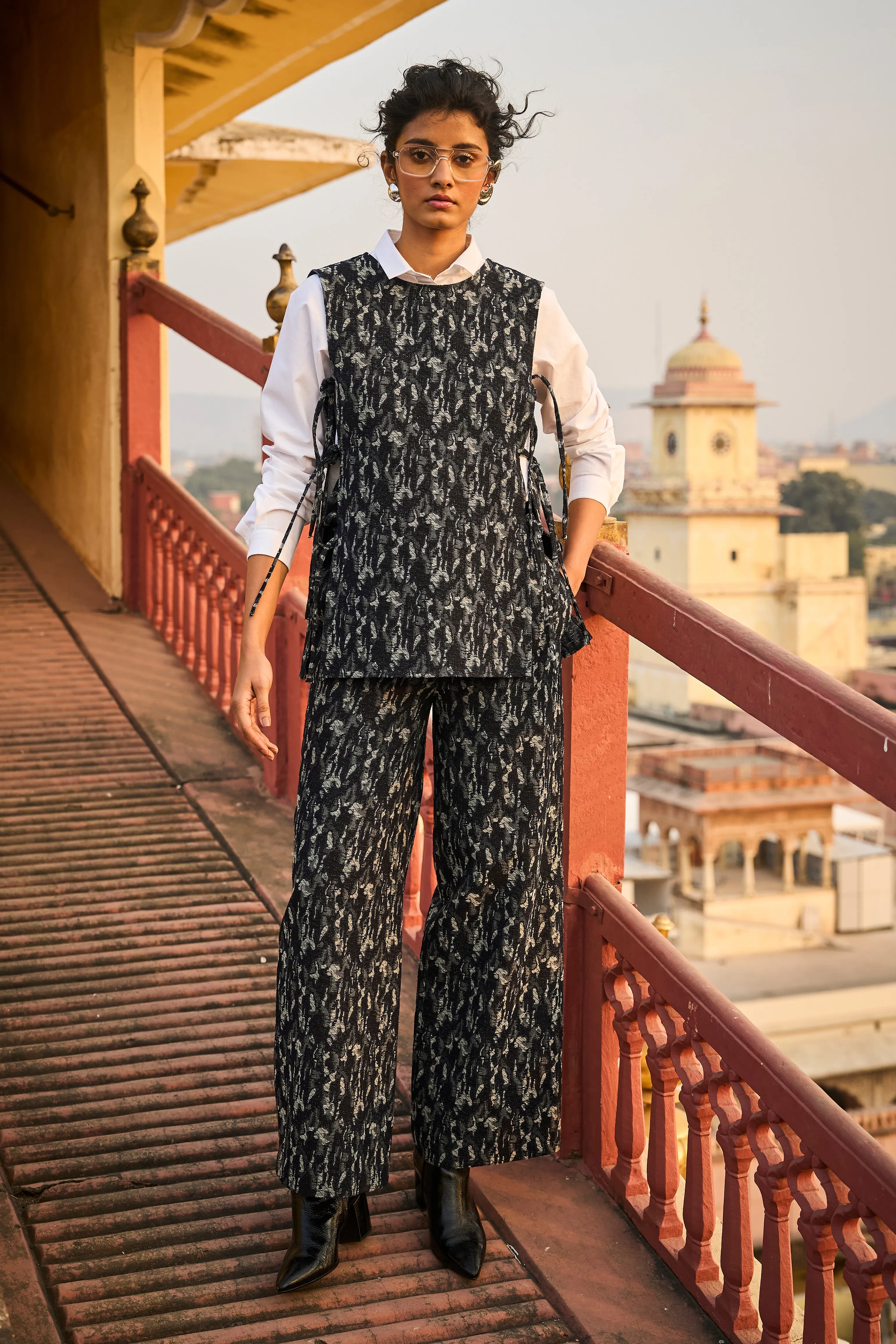 Denim Jacquard Overlay and Pant Set
