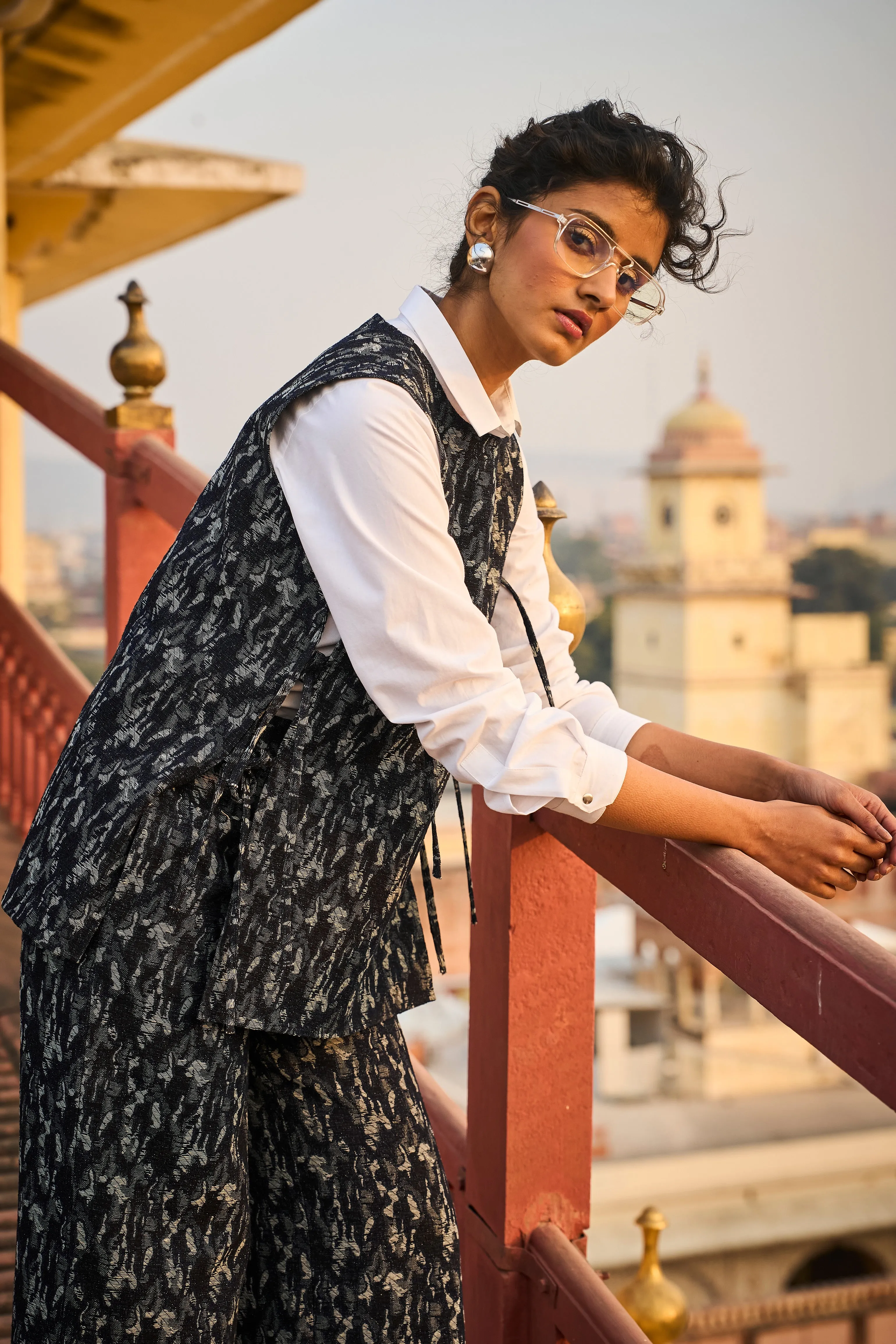 Denim Jacquard Overlay and Pant Set