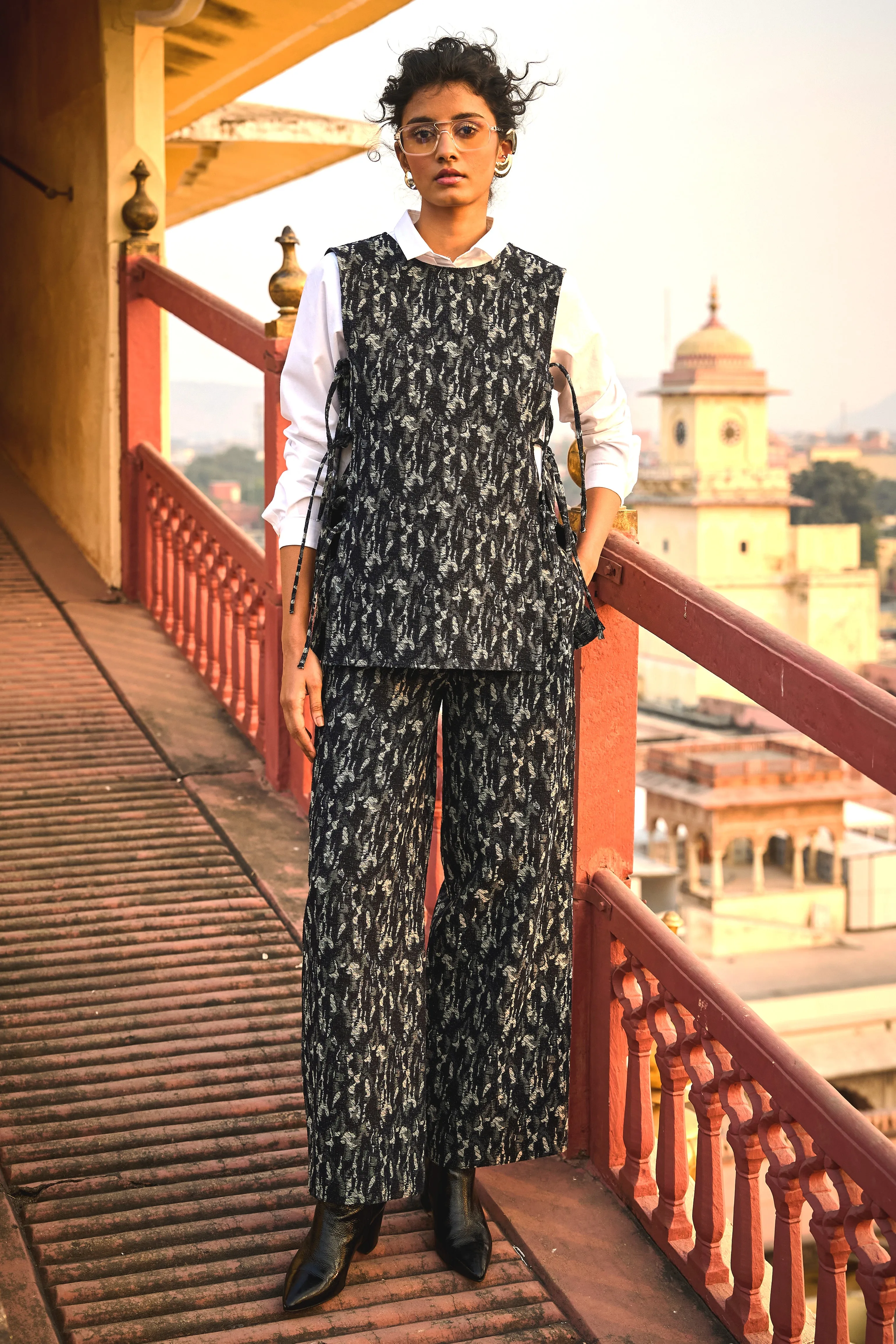 Denim Jacquard Overlay and Pant Set