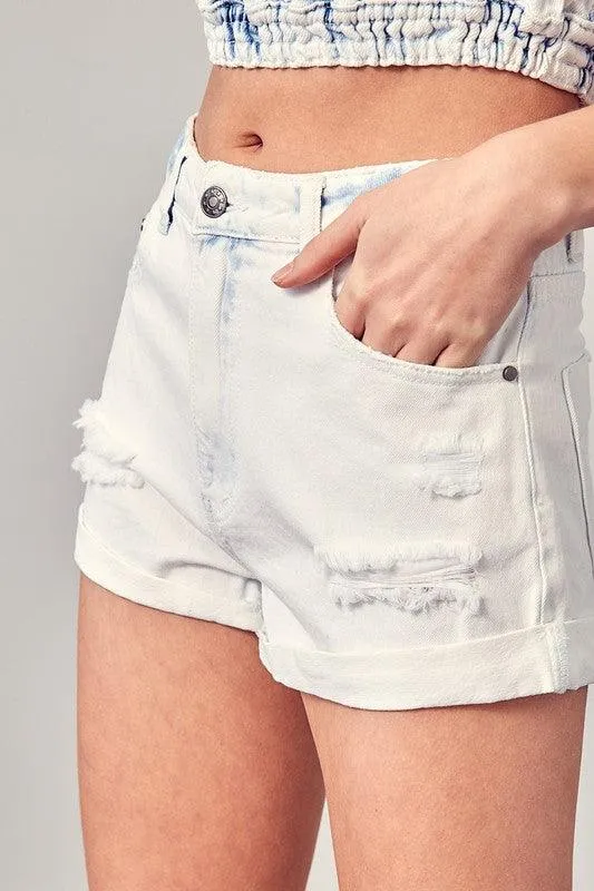 Destroyed Detail Denim Shorts Light Wash