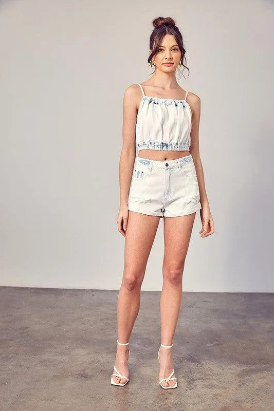 Destroyed Detail Denim Shorts Light Wash