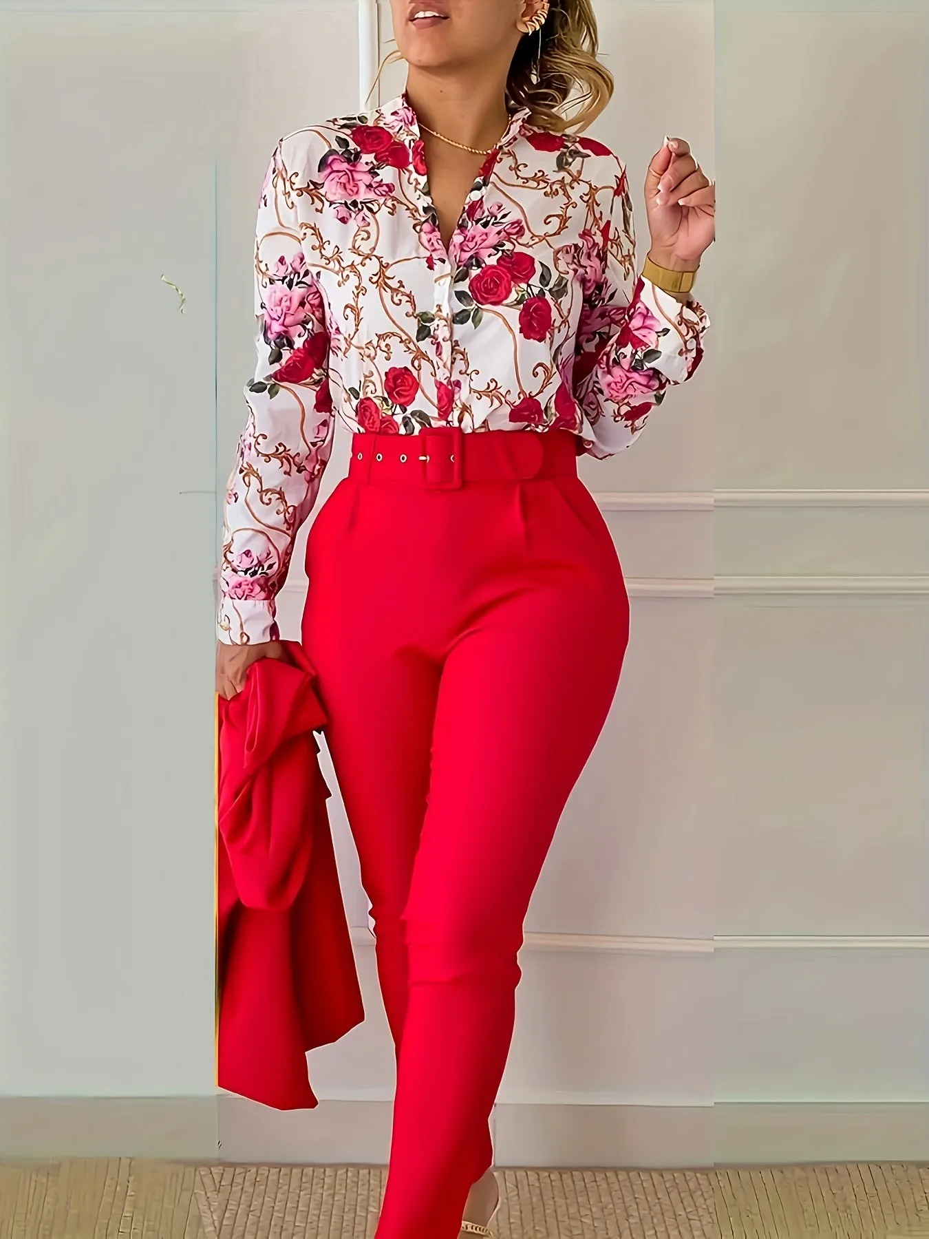 Floral Print V Neck Long Sleeve Blouse & Solid Belted Tapered Pants TD0870
