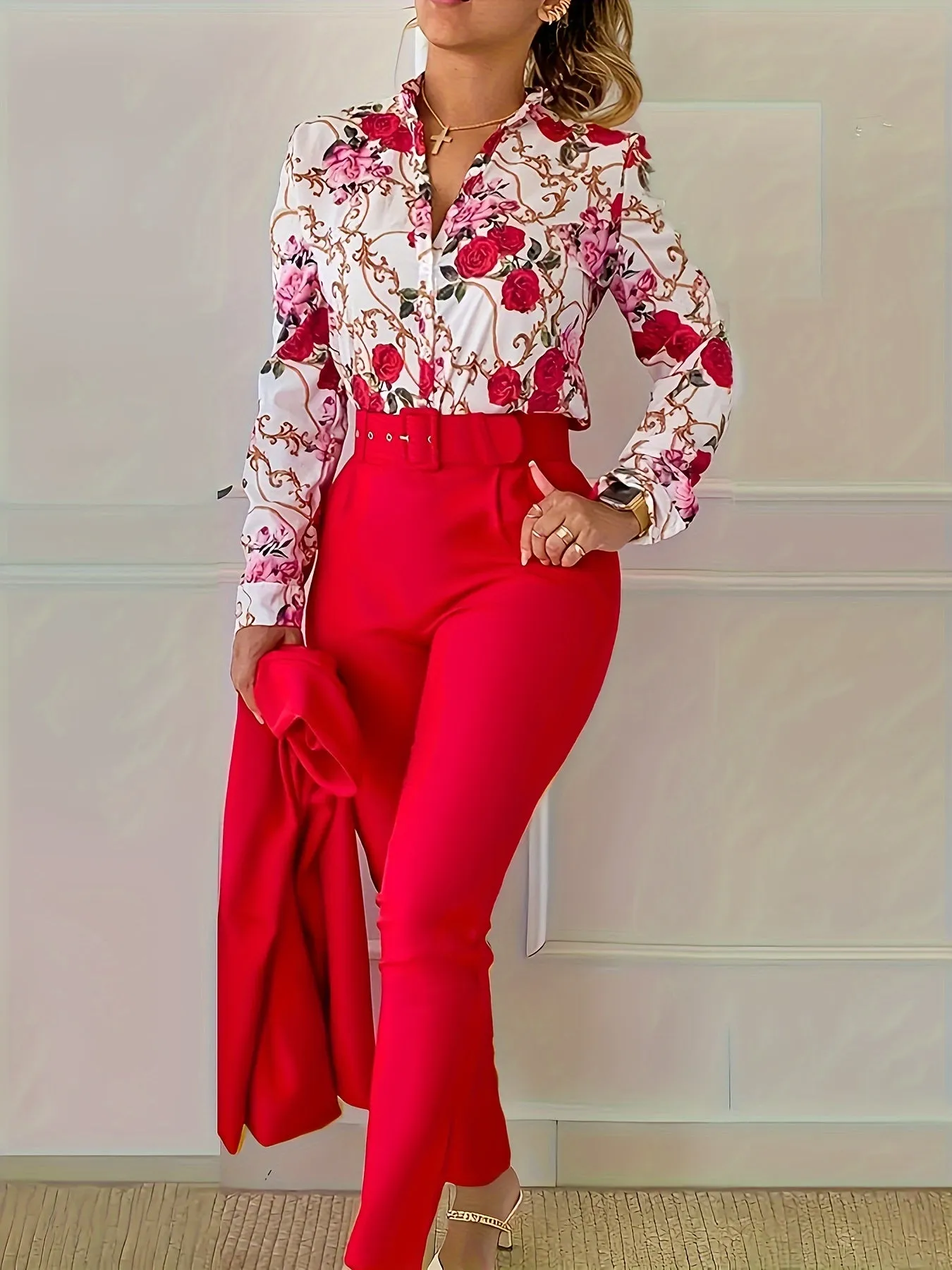 Floral Print V Neck Long Sleeve Blouse & Solid Belted Tapered Pants TD0870