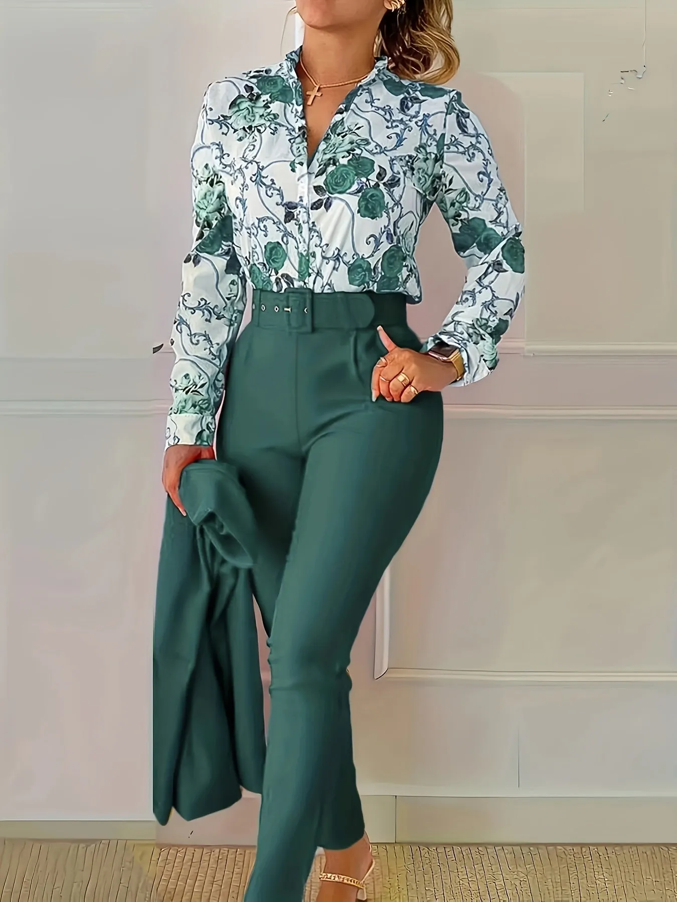 Floral Print V Neck Long Sleeve Blouse & Solid Belted Tapered Pants TD0870