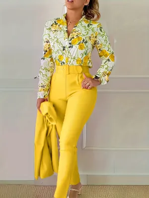 Floral Print V Neck Long Sleeve Blouse & Solid Belted Tapered Pants TD0870