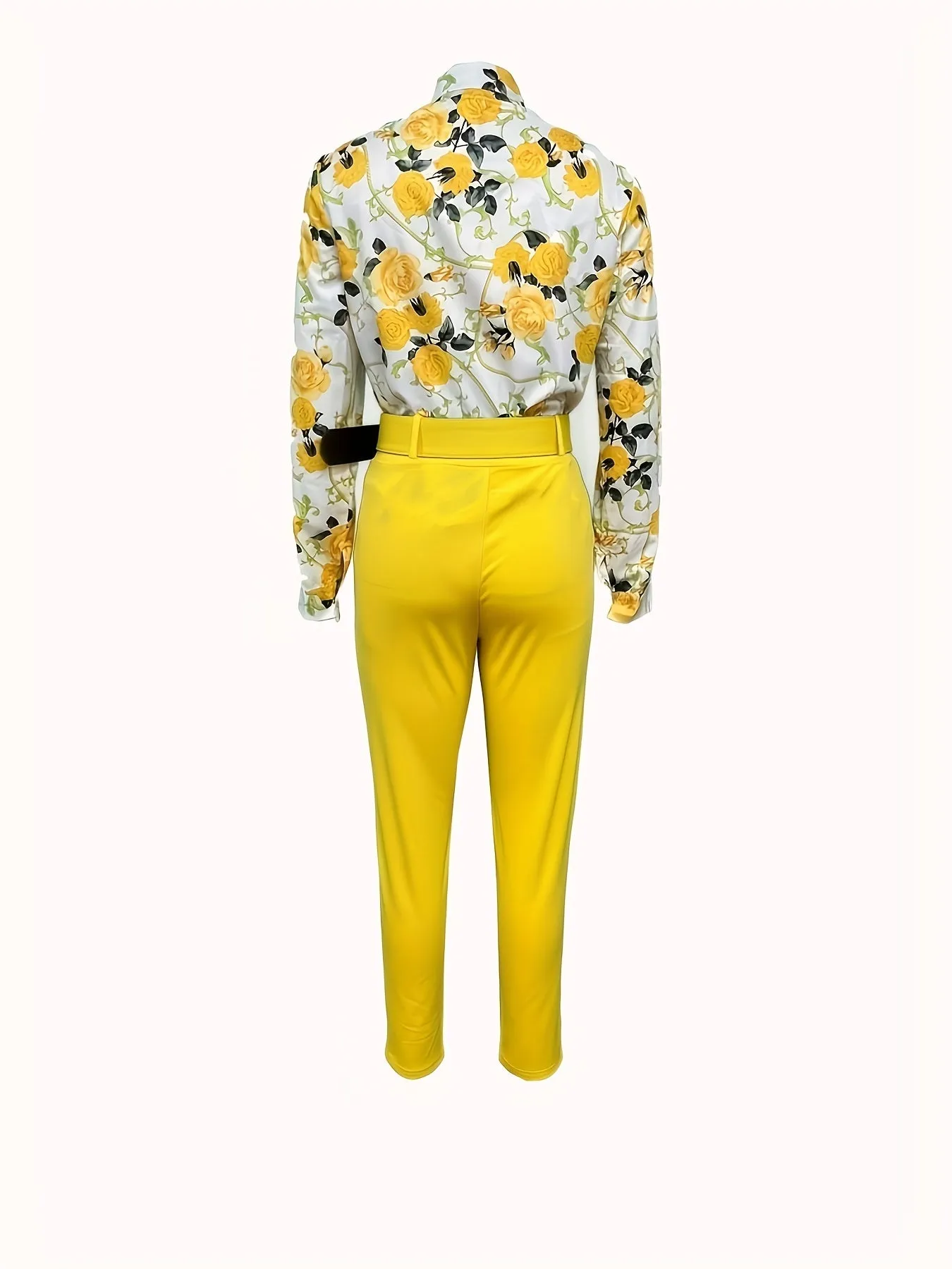 Floral Print V Neck Long Sleeve Blouse & Solid Belted Tapered Pants TD0870
