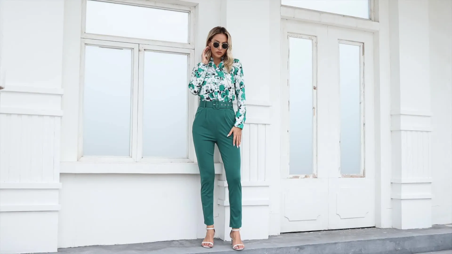 Floral Print V Neck Long Sleeve Blouse & Solid Belted Tapered Pants TD0870