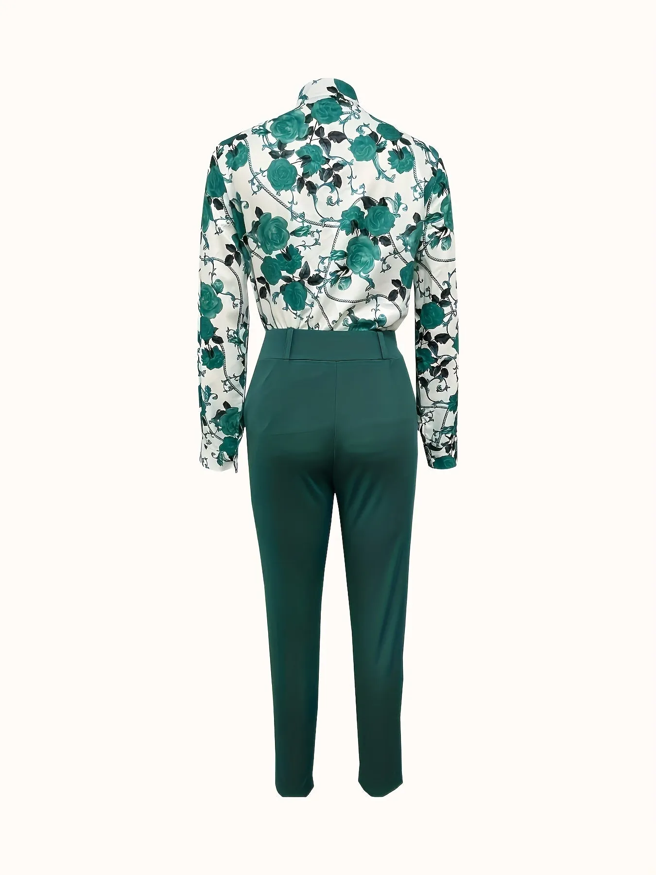 Floral Print V Neck Long Sleeve Blouse & Solid Belted Tapered Pants TD0870