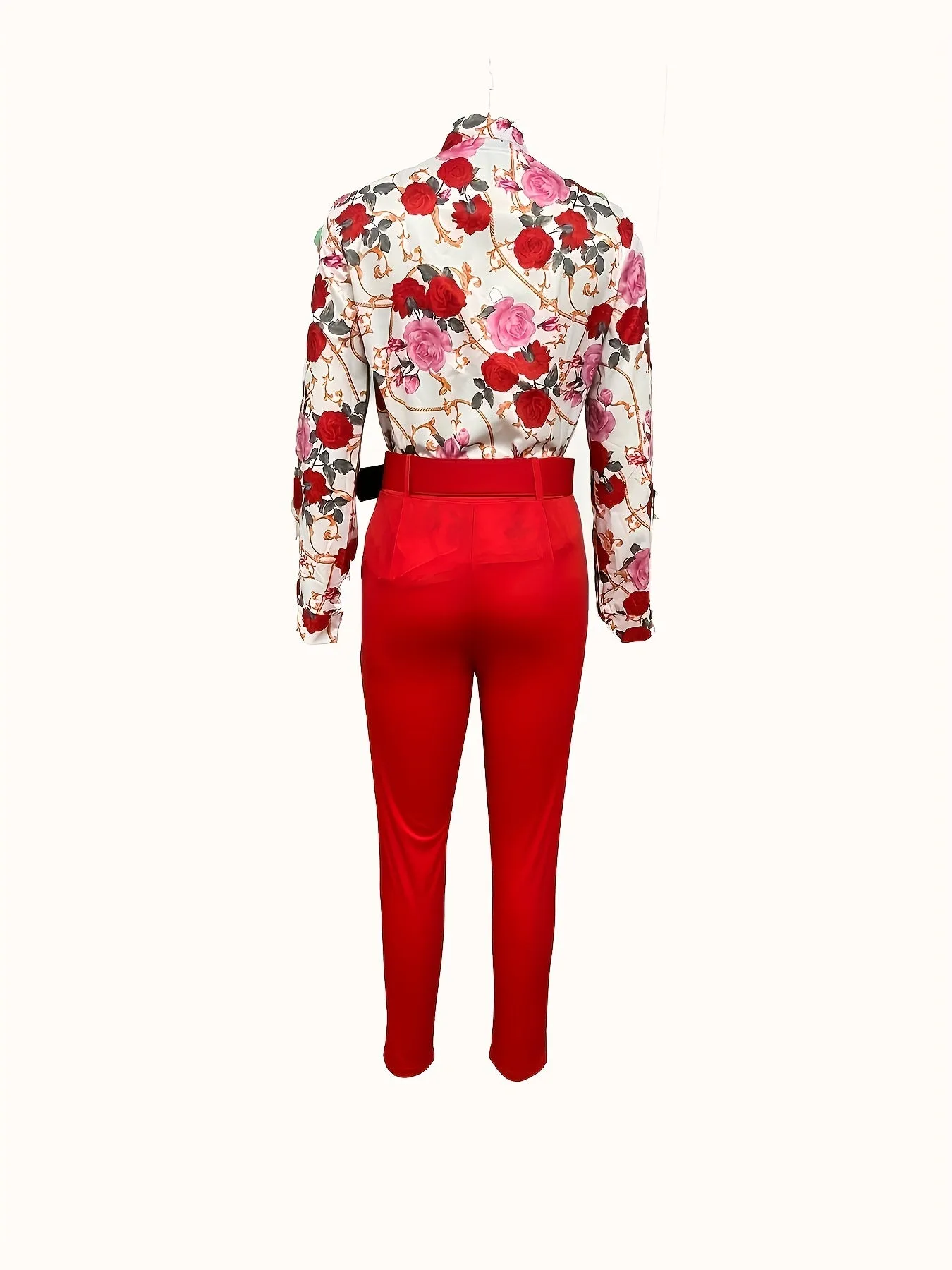 Floral Print V Neck Long Sleeve Blouse & Solid Belted Tapered Pants TD0870