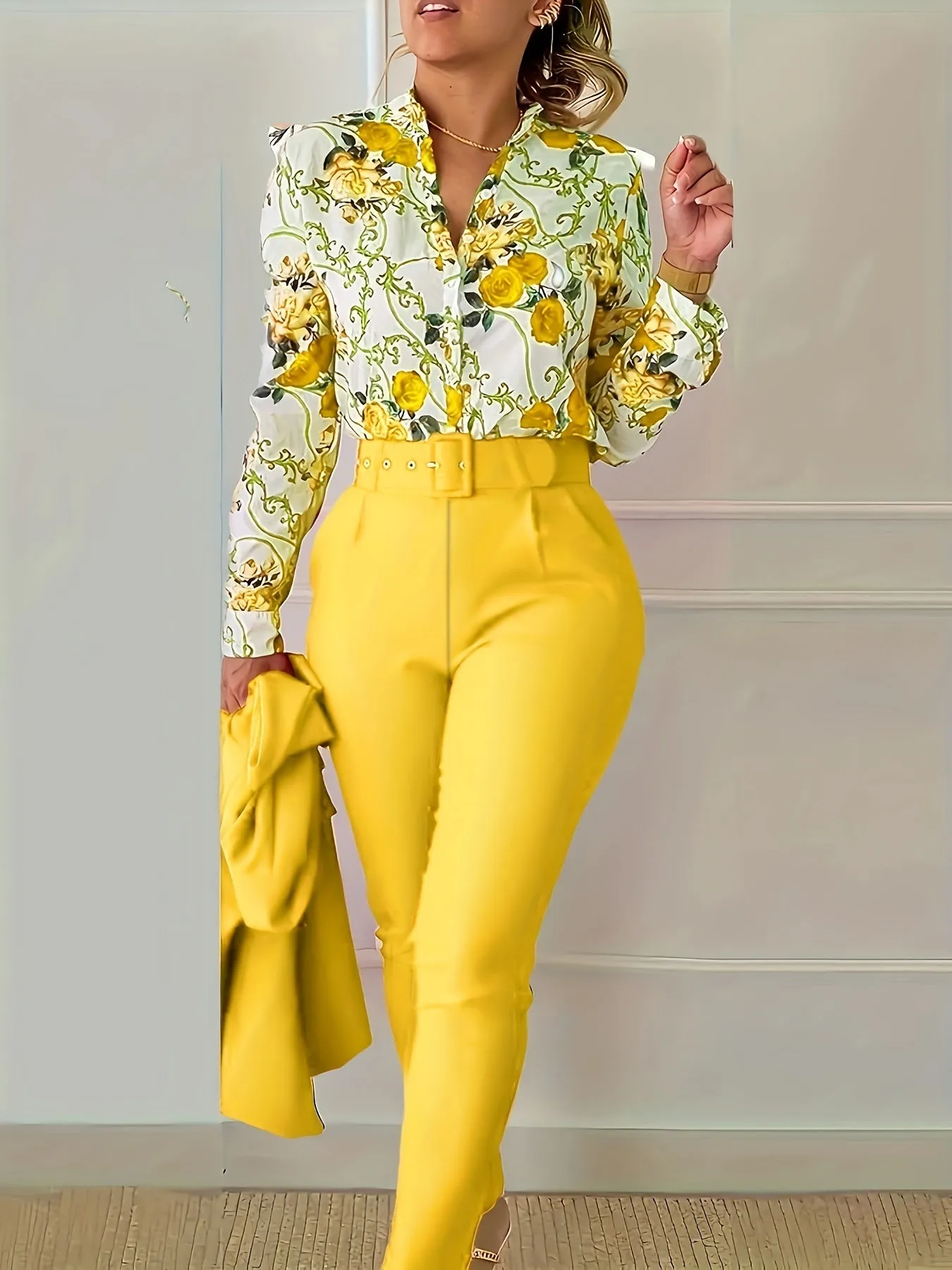 Floral Print V Neck Long Sleeve Blouse & Solid Belted Tapered Pants TD0870